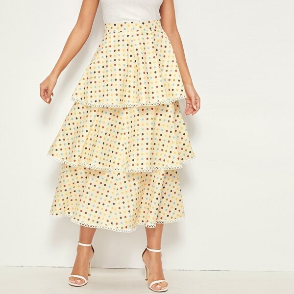 

Wide Waistband Polka Dot Lace Trim Layered Hem Skirt, Multicolor