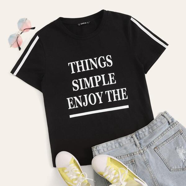

Slogan Graphic Striped Tape Tee, Black