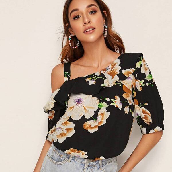 

Floral Print Asymmetrical Neck Flounce Foldover Top