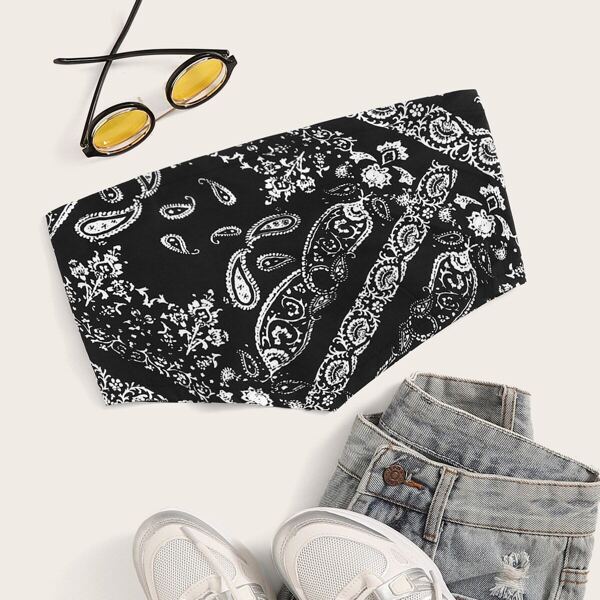

Paisley Print High Low Mini Tube Top, Black and white