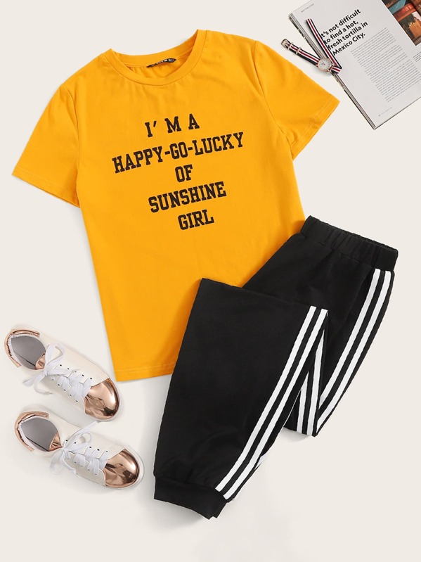 

Slogan Graphic Tee and Striped Side Sweatpants Set, Multicolor