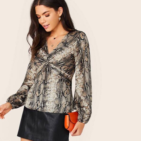 

Snake Print Twist Front Long Sleeve Blouse, Multicolor