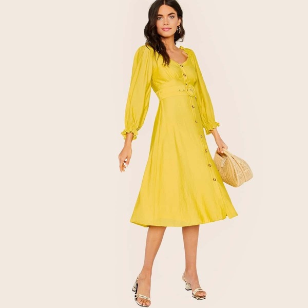 

Puff Sleeve Belted Waist Button Front Midi Dress, Yellow