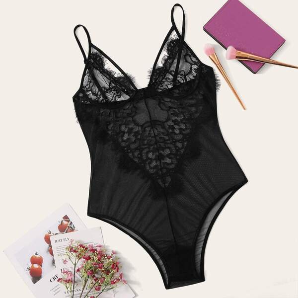 

Floral Lace Harness Teddy Bodysuit, Black