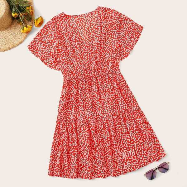 

Plus Ditsy Floral Surplice Front Ruffle Hem Dress, Red