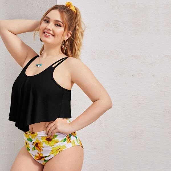 

Plus Hanky Hem Top With Sunflower Bikini Set, Yellow