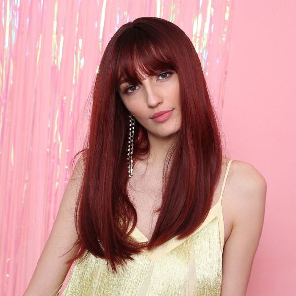 

Natural Long Straight Wig With Bangs, Burgundy