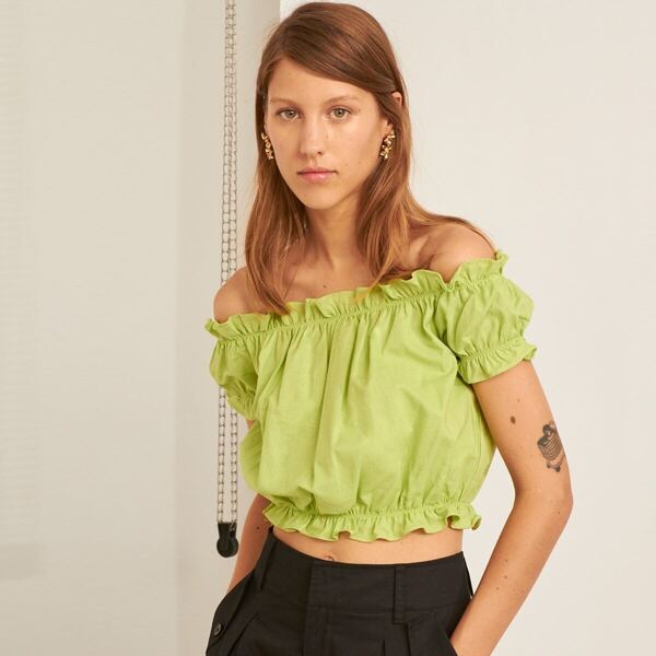

Premium Off Shoulder Ruffle Trim Top, Green pastel