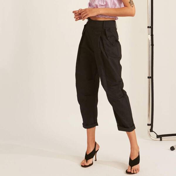 

Premium Solid Fold Pleat Straight Leg Pants, Black