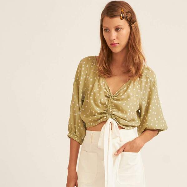 

Premium Drawstring Tie Front Raglan Sleeve Polka Dot Top, Green