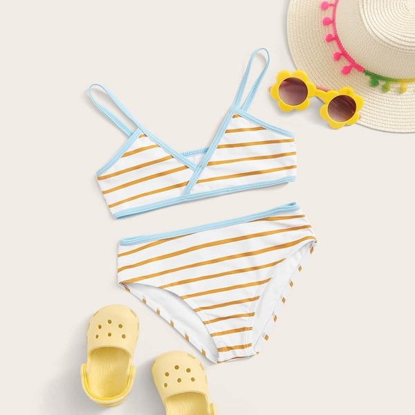 

Girls Striped Contrast Binding Bikini Set, Multicolor