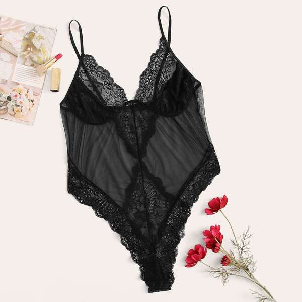 

Plus Contrast Lace Mesh Teddy Bodysuit