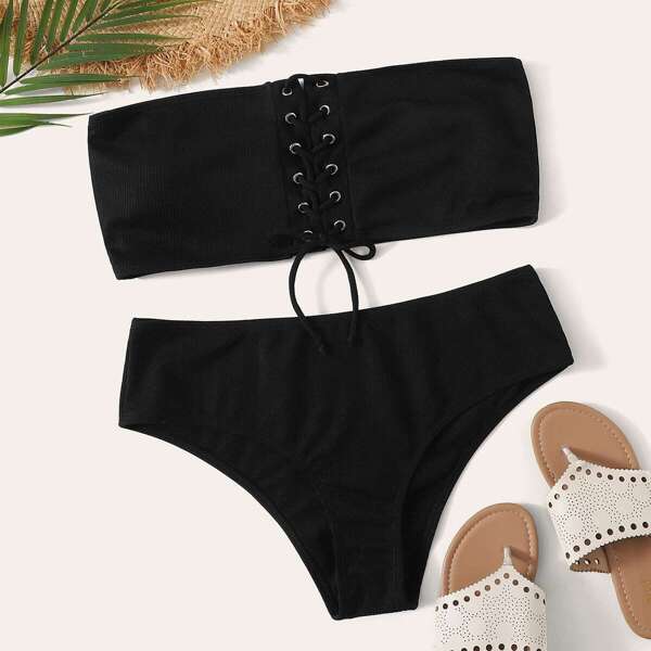 

Plus Lace Up Bandeau Bikini Set, Black