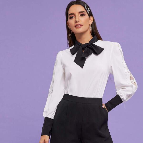 

Contrast Lace Tie Neck Blouse