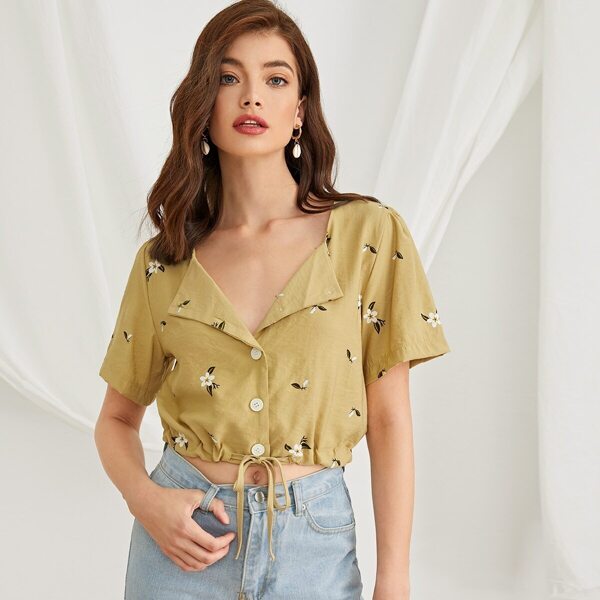 

Ditsy Floral Print Drawstring Hem Blouse, Yellow
