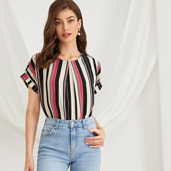 

Multi-striped Rolled Cuff Blouse