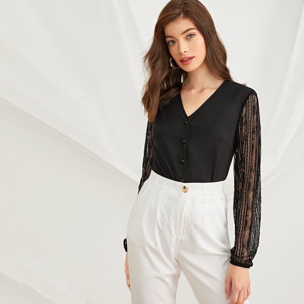 

Contrast Lace Sleeve V-neck Blouse
