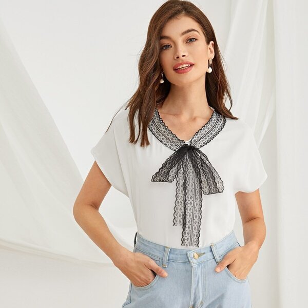 

Contrast Lace Tie Neck Blouse, White