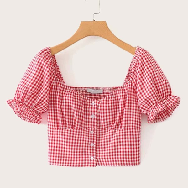 

Gingham Button Front Square Neck Shirred Blouse