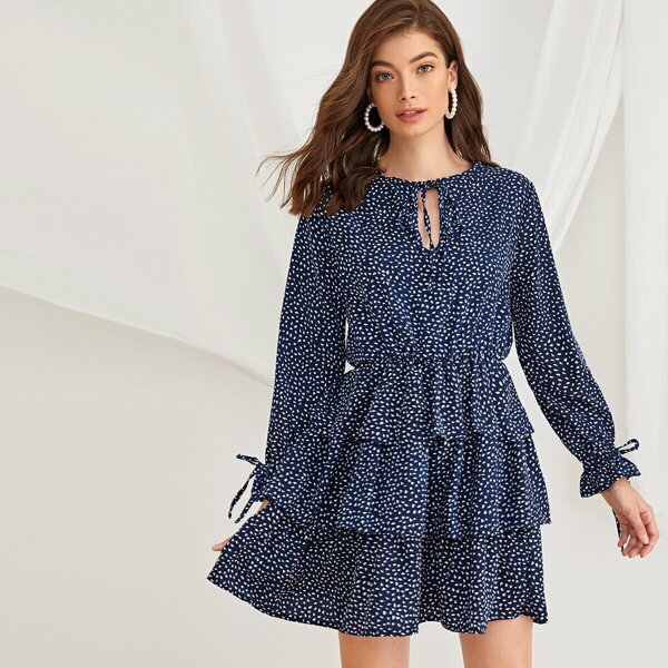

Confetti Print Tie Neck Tiered Hem Dress, Navy