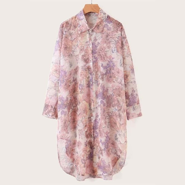 

Allover Floral Print Curved Hem Shirt Dress, Pink
