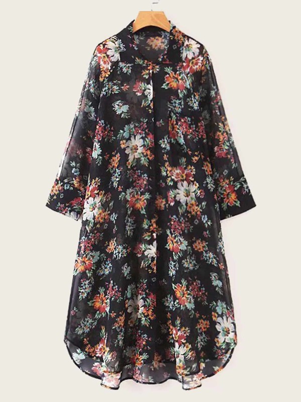 

Allover Floral Print Curved Hem Chiffon Shirt Dress, Black