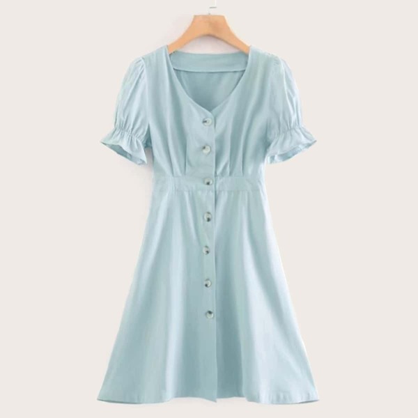 

Solid Button Front Flounce Sleeve Dress