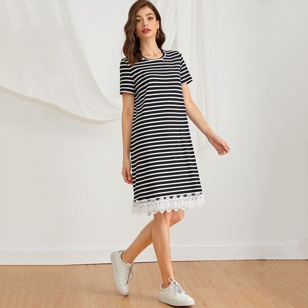 

Contrast Lace Hem Striped Tee Dress