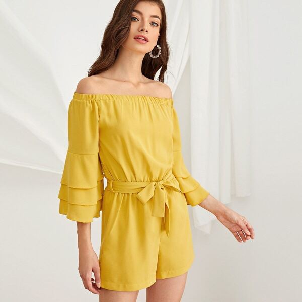 

Solid Bardot Layered Sleeve Belted Romper, Yellow