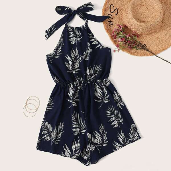 

Leaf Print Halter Neck Elastic Waist Romper, Navy