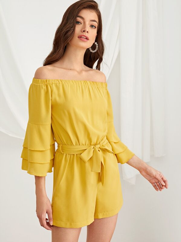 

Solid Bardot Layered Sleeve Belted Romper, Yellow, Nadja