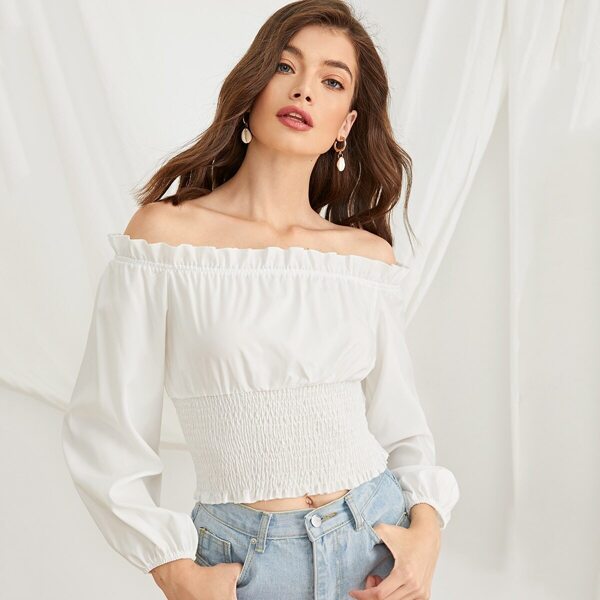 

Frill Trim Shirred Waist Bardot Top