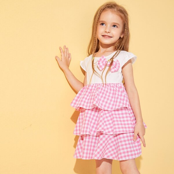 

Toddler Girls Bow Front Cap Sleeve Tiered Layer Dress