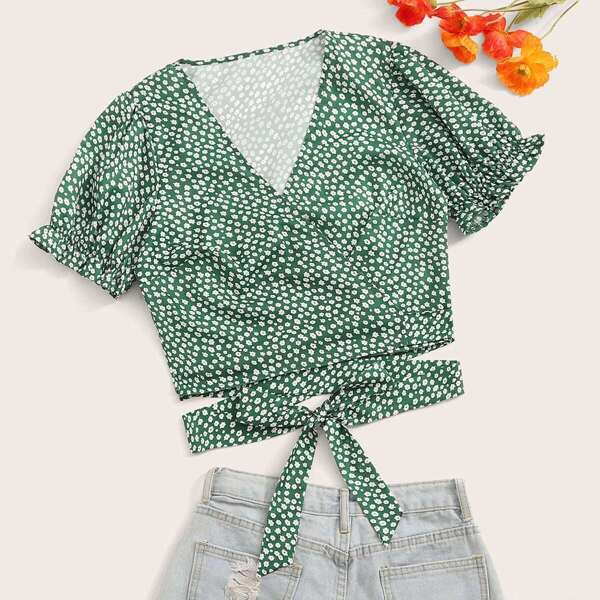 

Ditsy Floral Lace Up Surplice Blouse