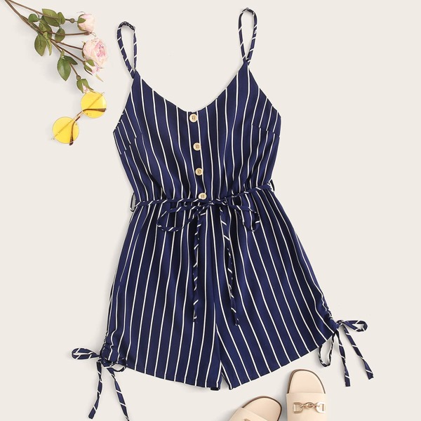 

Half Button Drawstring Knot Hem Striped Cami Romper