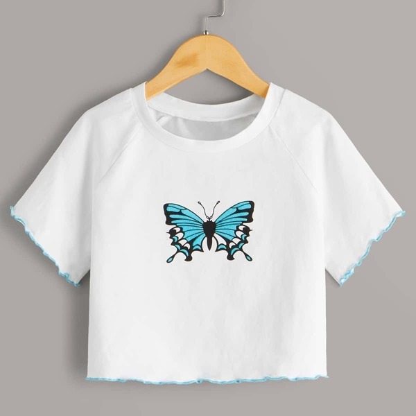 

Butterfly Print Lettuce Trim Slim Fit Top, White