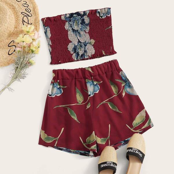 

Large Floral Print Shirred Bandeau With Shorts