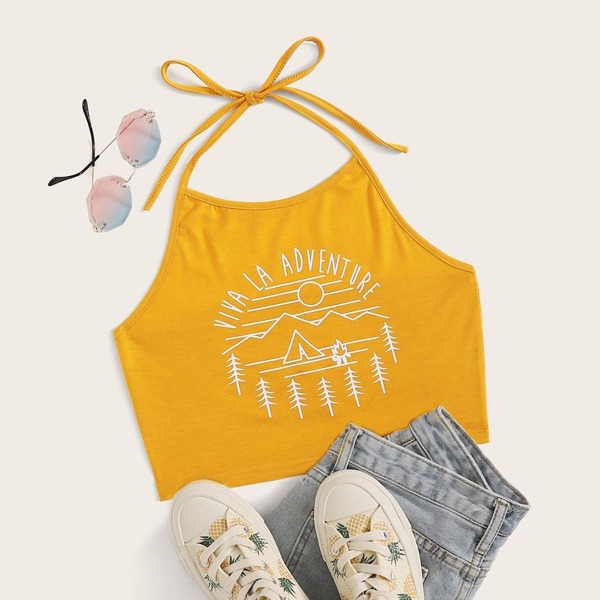 

Letter & Geo Print Knot Halter Top, Yellow