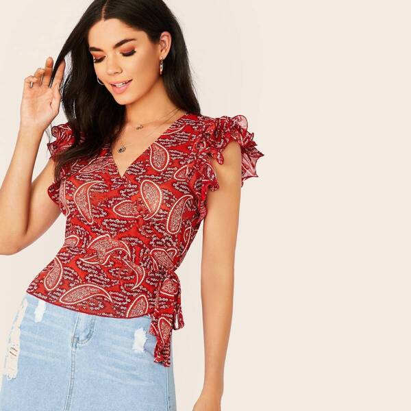 

Ruffle Cuff Wrap Tie Side Paisley Print Top, Red bright