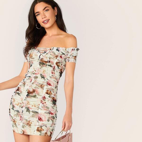 

Floral Lace Up Ruched Detail Bardot Dress