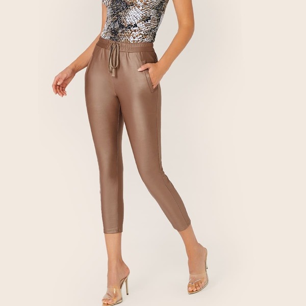 

Drawstring Waist Pocket Detail PU Pants