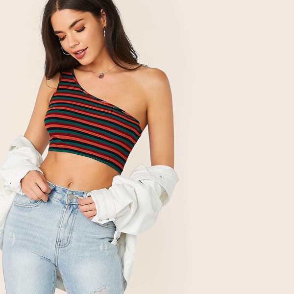 

One Shoulder Rib-knit Striped Top