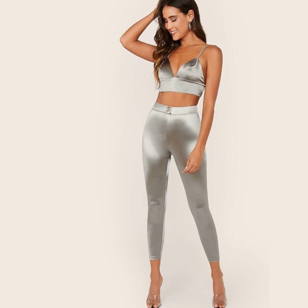 

Zip Back Satin Bustier Cami Top & Leggings Set, Grey
