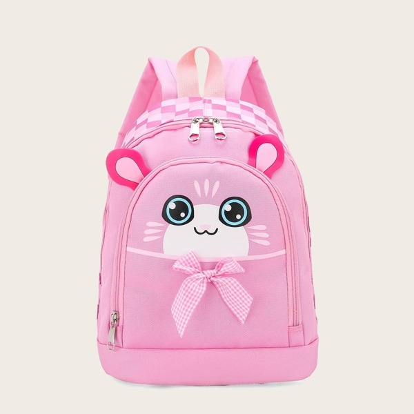 

Girls Gingham Bow Decor Cartoon Print Backpack, Pink