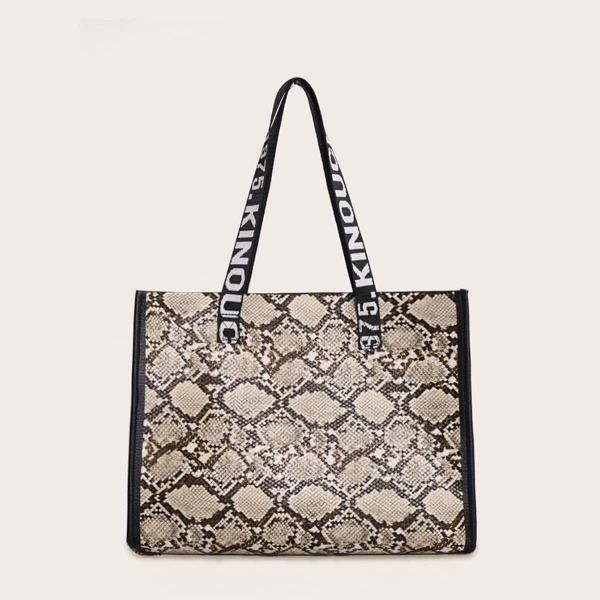 

Snakeskin Print Tote Bag With Letter Handle