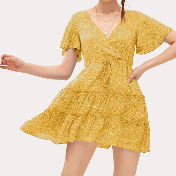 

Surplice Ditsy Floral Frill Drawstring Waist Dress, Yellow