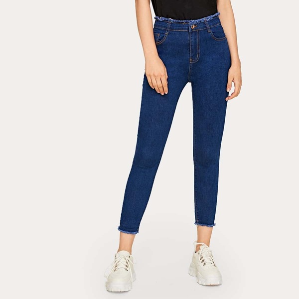 

Button Waist Raw Hem Basic Jeans, Blue