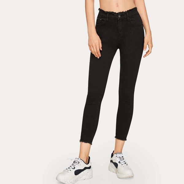 

Button Waist Raw Hem Basic Jeans, Black