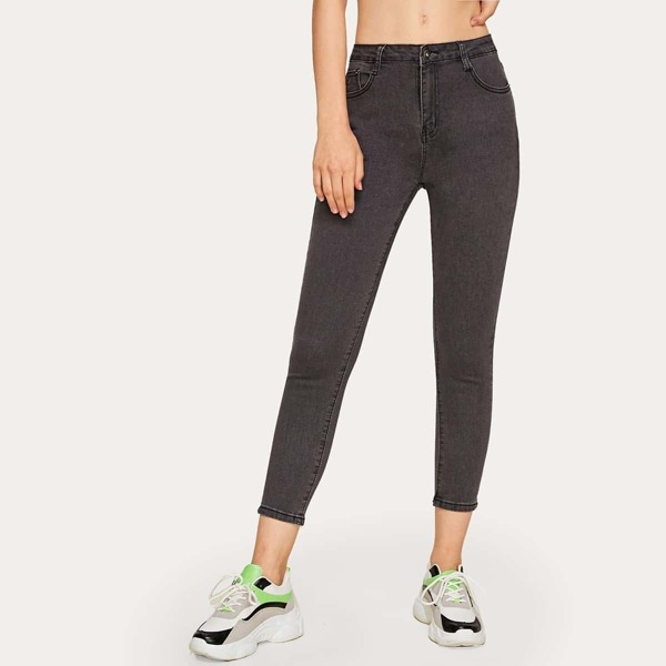 

Button Waist Solid Basic Jeans