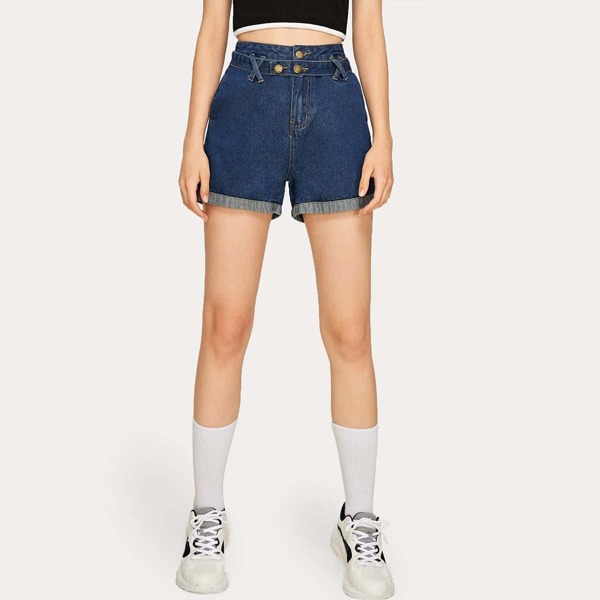 

Button Waist Rolled Hem Belted Denim Shorts, Blue